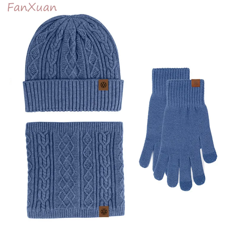 3pcs set men and women Winter Beanies Gloves Snood Fleece Lined short Scarves knitted winter hats solid color