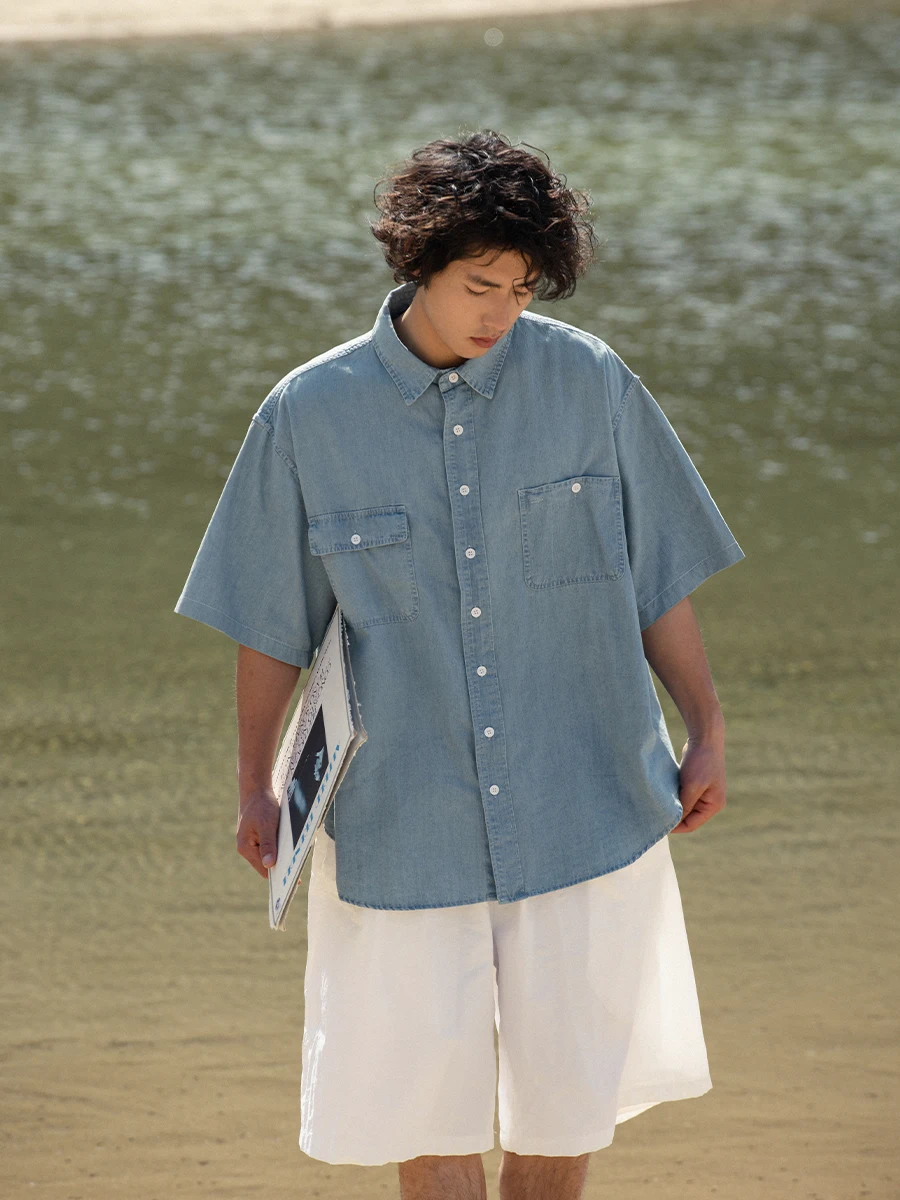 

Мужская летняя повседневная рубашка Noears из дышащего хлопка, винтажная, светло-голубая, из выцветшего денима, с отложным воротником, свободного кроя