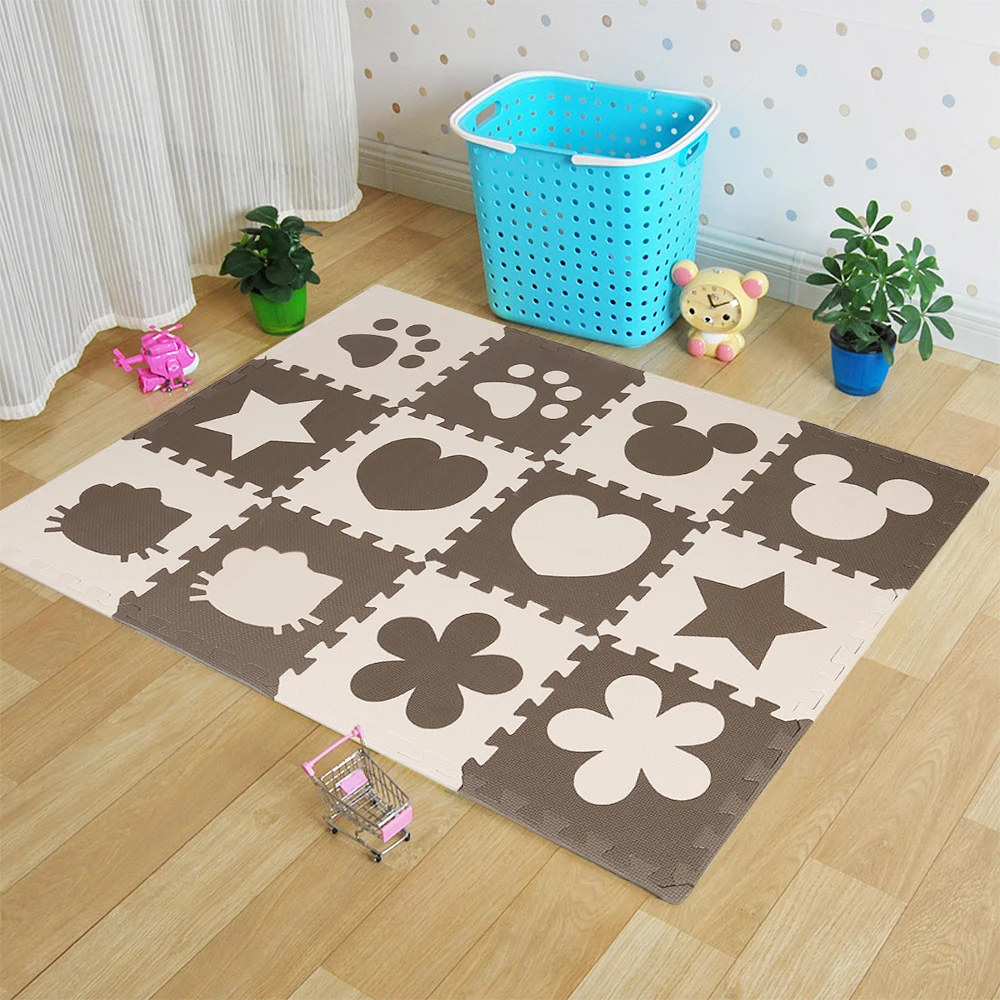 Spielteppich, 12-teiliges Puzzle, Kinder & Babys, EVA-Schaum, keine Schadstoffe, 30*30*1cm, Braun