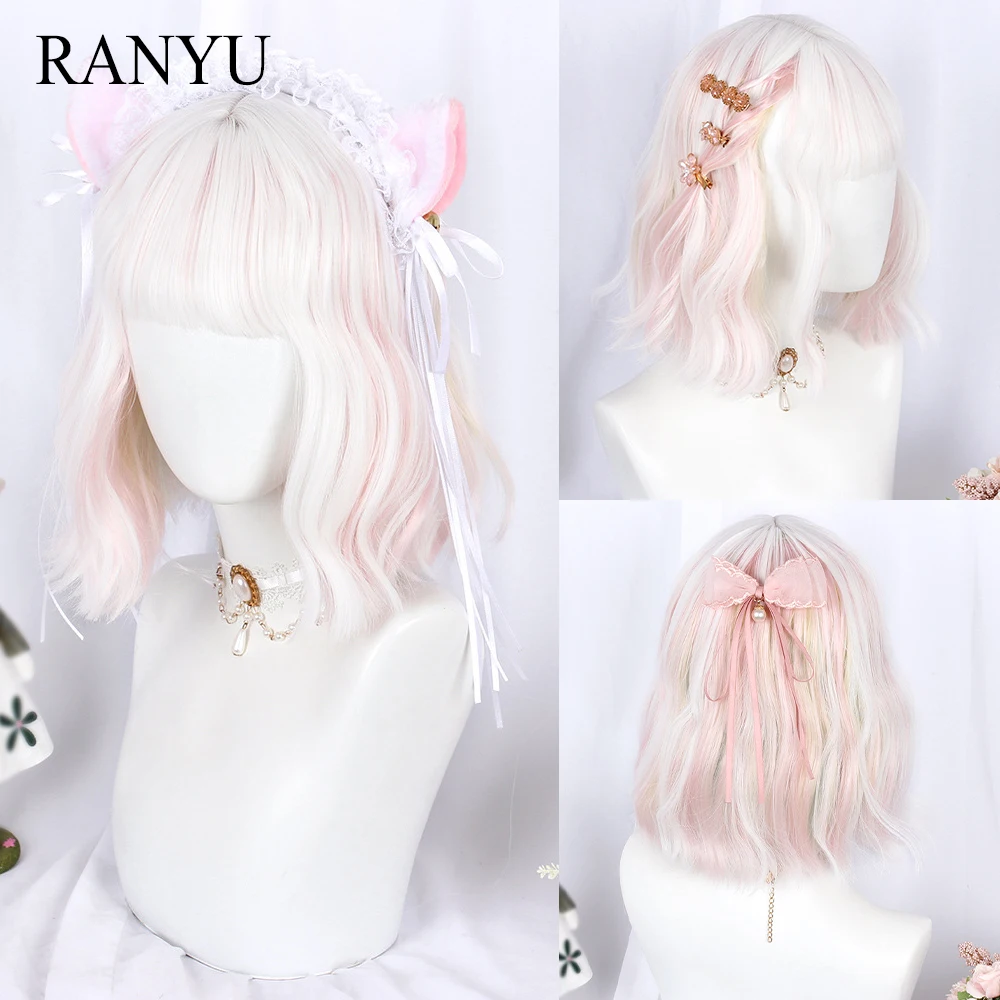 

RANYU Short Ombre Pink White Wavy Curly Wigs with Bangs Lolita Cosplay Synthetic Women Hair Wig for Daily Party