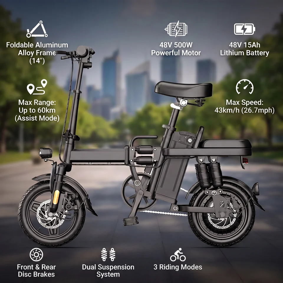 500W Folding Electric Bike for Adults, 48V 15AH Removable Battery 60km Range, 43km/h 14" Foldable E-Bike, Dual Disc Brakes, Dual Suspension, 3 Riding Modes, City Commuter Electric Bicycle image 8
