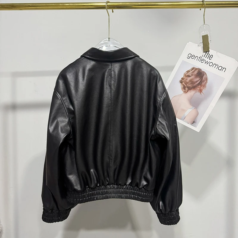 الخريف ملابس حريمي الإناث المستوردة الخضار المدبوغة طبقة علوية جلد الغنم الأسود تنوعا قصيرة معطف جلد نحيف Bomber سترة #2