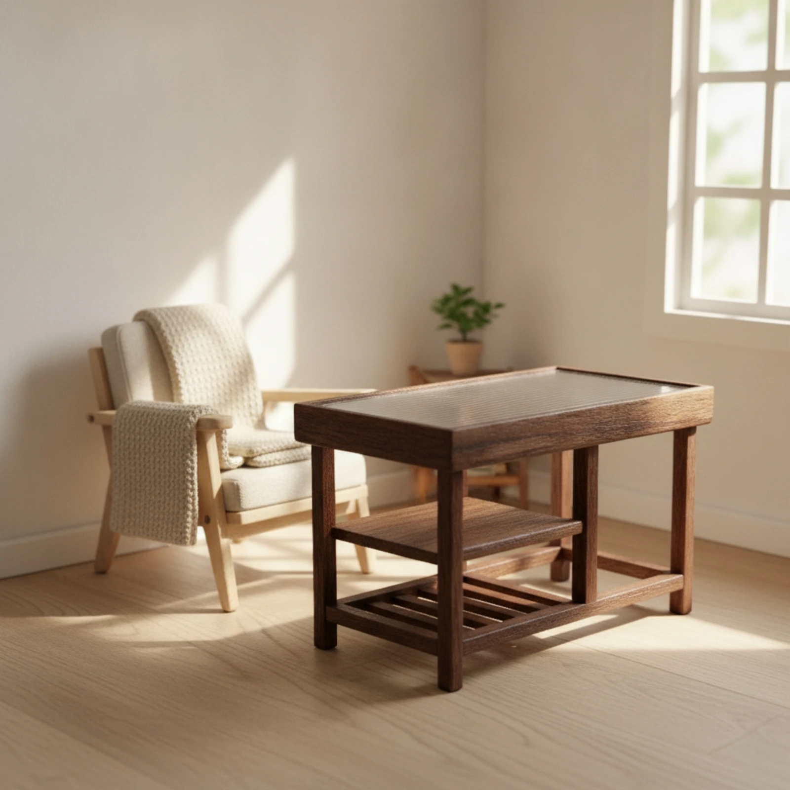 Dollhouse Table with Shelves Wood-Grain Miniature Living Room Table Furniture Ribbed-Top OB11-Scale for Toy Photographers