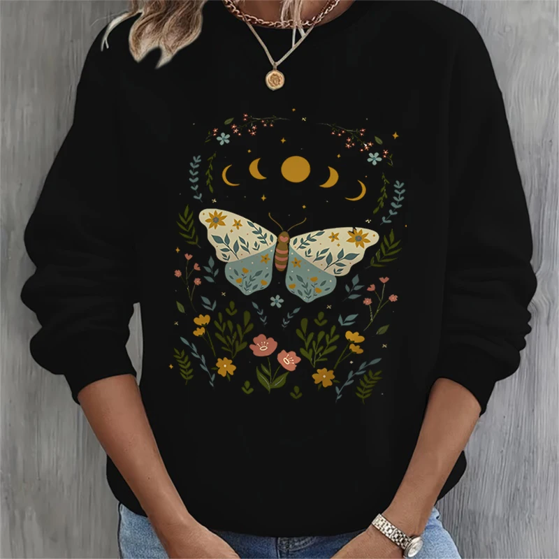 

Vintage Flower Butterflies Print Sweatshirt Hoodie Women Butterfly Natural Lover Autumn Sweatshirts Sun Moon Butterfly Hoodies