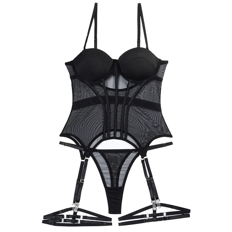 

Sexy Lingerie Luxury Brand Bodysuit Backless Tops For Women 3Pcs Underwear Set With Garter Mesh Erotic See-Through Women Onlyfan