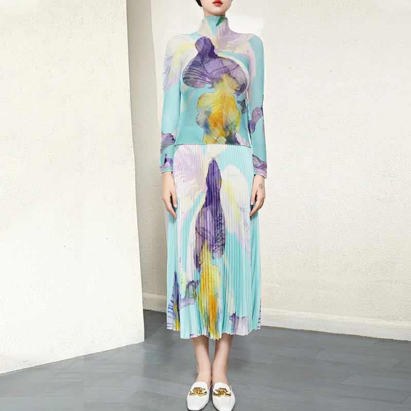 

Skirt Sets Women Miyake Pleated Autumn And Winter New Fashion Printed Stretch Turtleneck Long Sleeved Top Elastic Waist Skirt