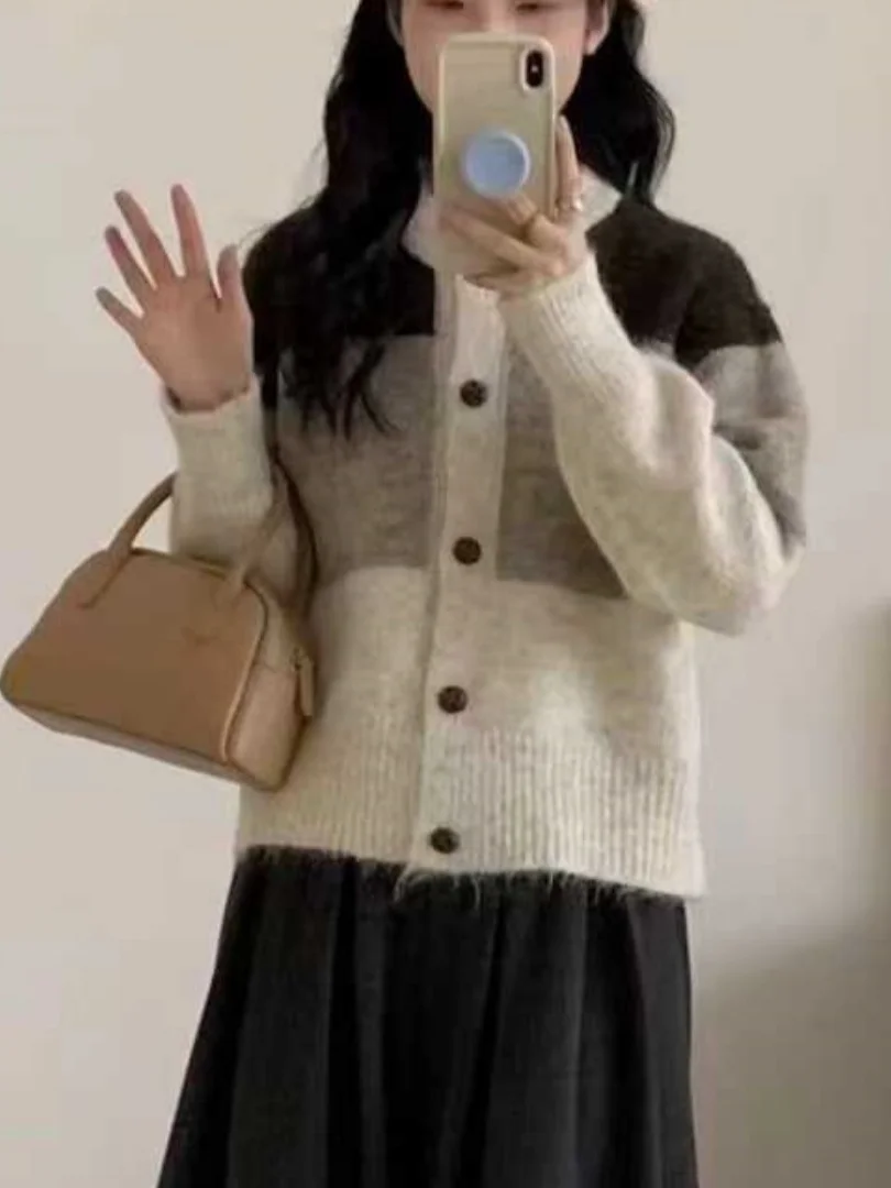 Soft Cozy Blue Patchwork Sweater Cardigan Women's Loose Style Autumn 2026 Elegant Lazy Korean Fashion Single Button Long Sleeve