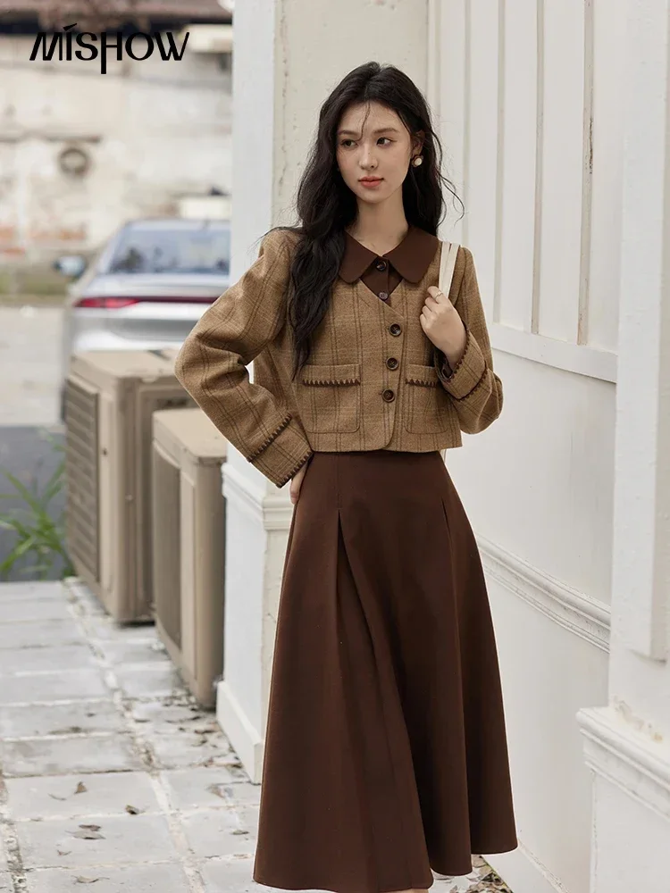 MISHOW Plaid Tweed Coats Midi Skirt Separately Women 2024 Fall Winter Polo Vintage Elegant  Jackets Pleated Skirts MXD46W0460