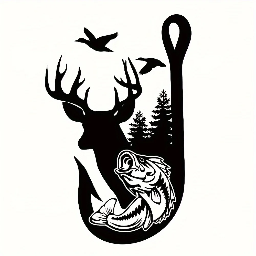 1pc Deer Fish Tree Scene on Fishing Hook Decal Unique Cute And Waterproof Vinyl Stickers for Laptop Cars Motorcycles Car Window
