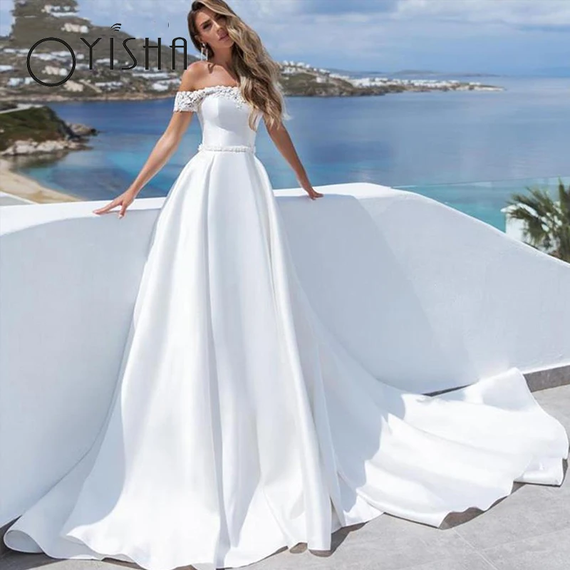 OYISHA 2023 Off Shoulder Backless Vestidos De Novia Elegant Boat Neck  Bridal Gown Simple Satin A-Line Wedding Dresses For Women