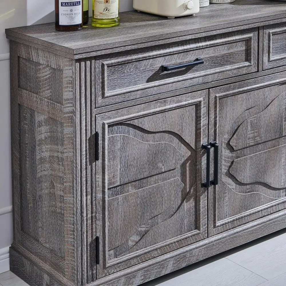 خزانة بوفيه باللون الرمادي الداكن مقاس 55 بوصة مع 3 أبواب ودرجين لتخزين الطعام أو غرفة المعيشة