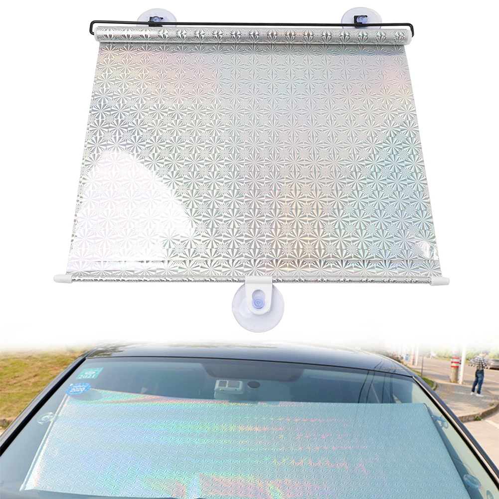 Front Window Telescopic Curtain Sun Shade Car Windshield 1 Pc Measuring 45cm×125cm for a wide range vehicles Metal PVC Silvery