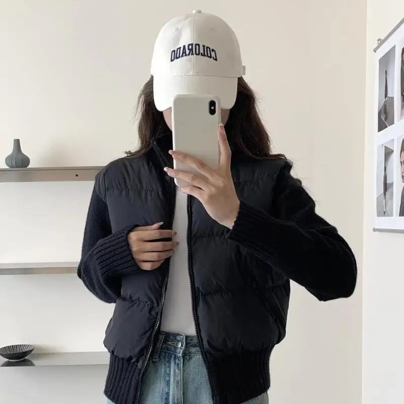 Korean Sweet Cotton Jacket with Knitted Sleeves Women's Cotton-Padded Clothes Autumn Winter Short Warm Outer Wear Versatile 3