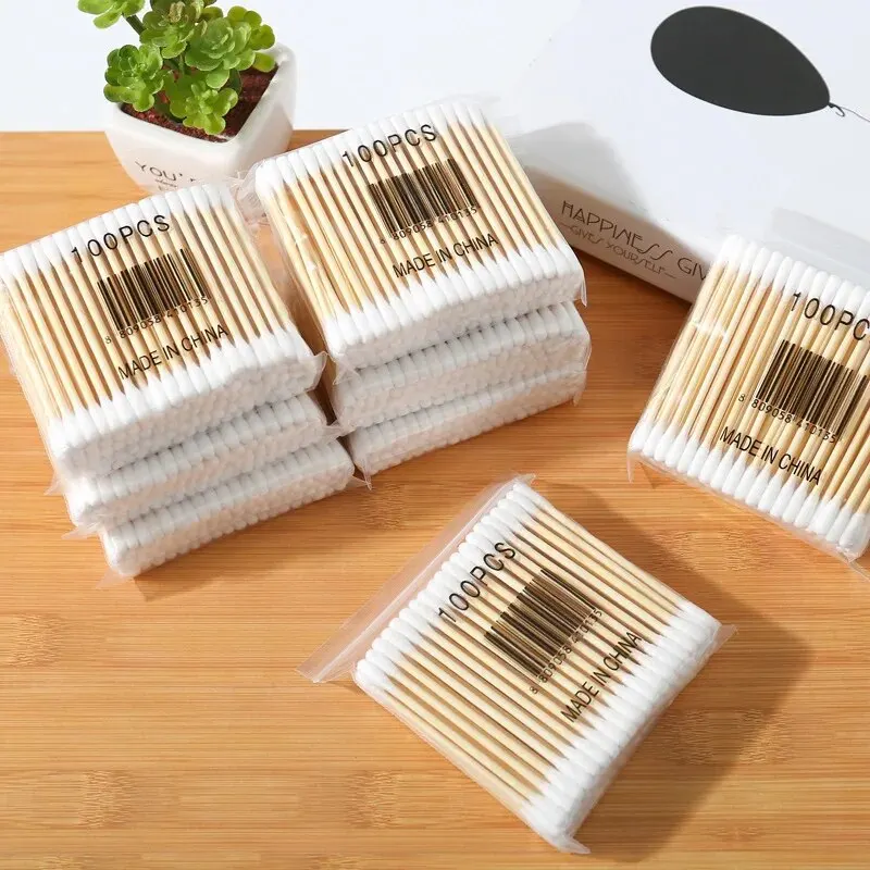 100 Double-headed Wooden Cotton Swabs Disposable Hygienic Ear-picking Pointed Makeup Household Remover Cleaning Bag