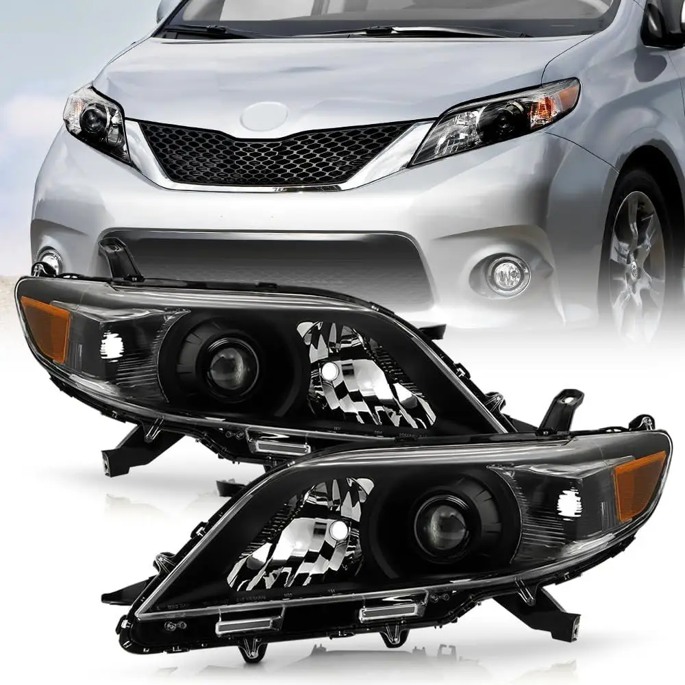 

Комплект фар-проекторов (левая+правая) для Toyota Sienna 2011-2020 годов, галогенные, без LED DRL, черные, замена штатных.