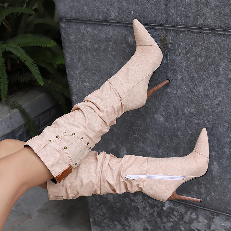 Kcenid الدنيم خنجر أشار تو عالية الكعب أحذية طويلة موضة مطوي الركبة عالية الأحذية الحديثة النساء تاريخ أحذية الحفلات حجم 34-50 #5