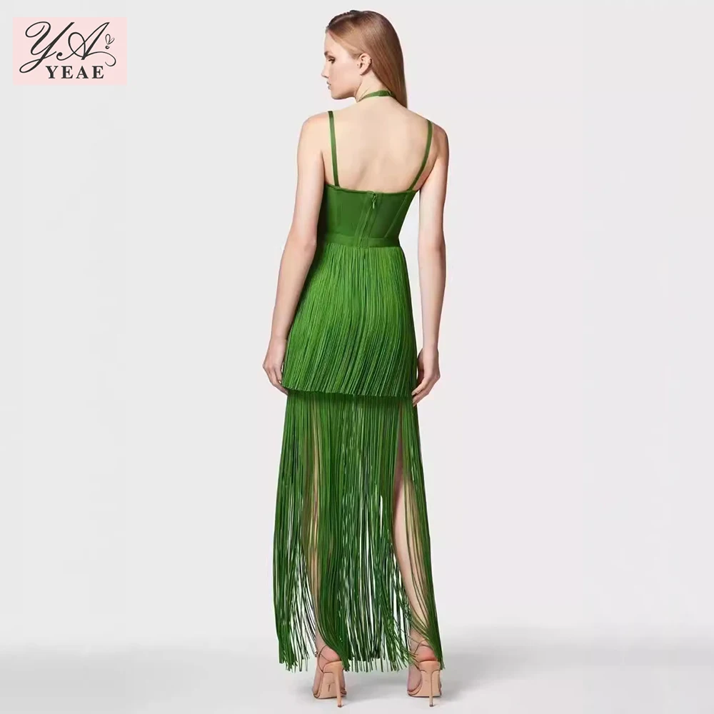 2024 New Women\'S Green Sexy Sleeveless Tight Fringe Long Bandage Dress Elegant Celebrity Party Evening Dress