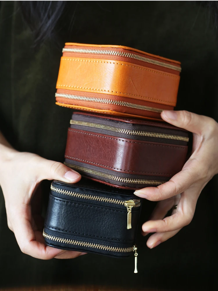 

Leather Jewelry Box Portable Necklace Storage Pull Cowhide Multi-Compartment Travel Ring