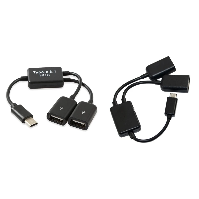 Top Deals 1 Pcs Type C OTG USB Male to Dual 2.0 Female OTG Charge 2 Port HUB Cable Y Splitter & 1 Pcs Micro-USB Host Cable,Micro