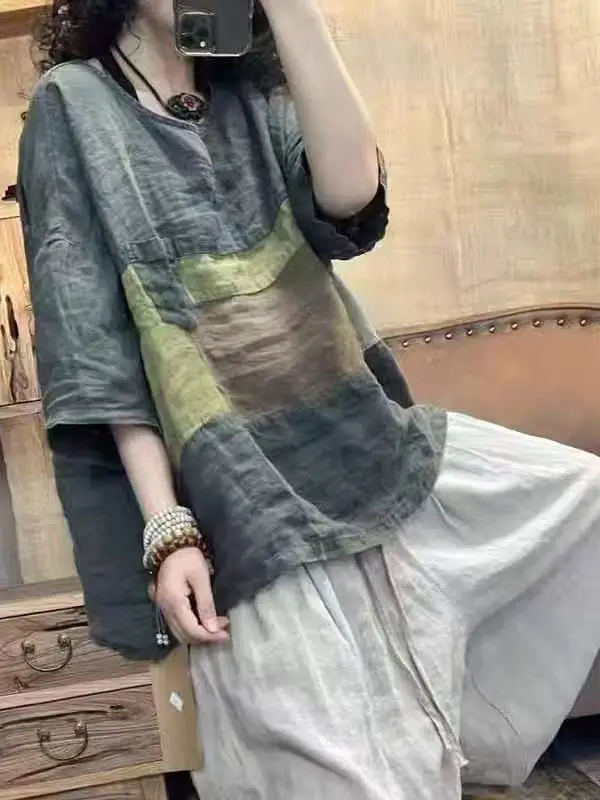 T-shirt da donna in lino vestibilità ampia con giunture rotonde retrò, top estivo casual, abbigliamento femminile allentato artistico di grandi dimensioni