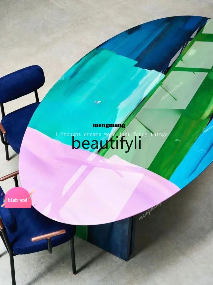 D5556 Designer painting solid wood dining table medieval oval long table household painting eating table model room