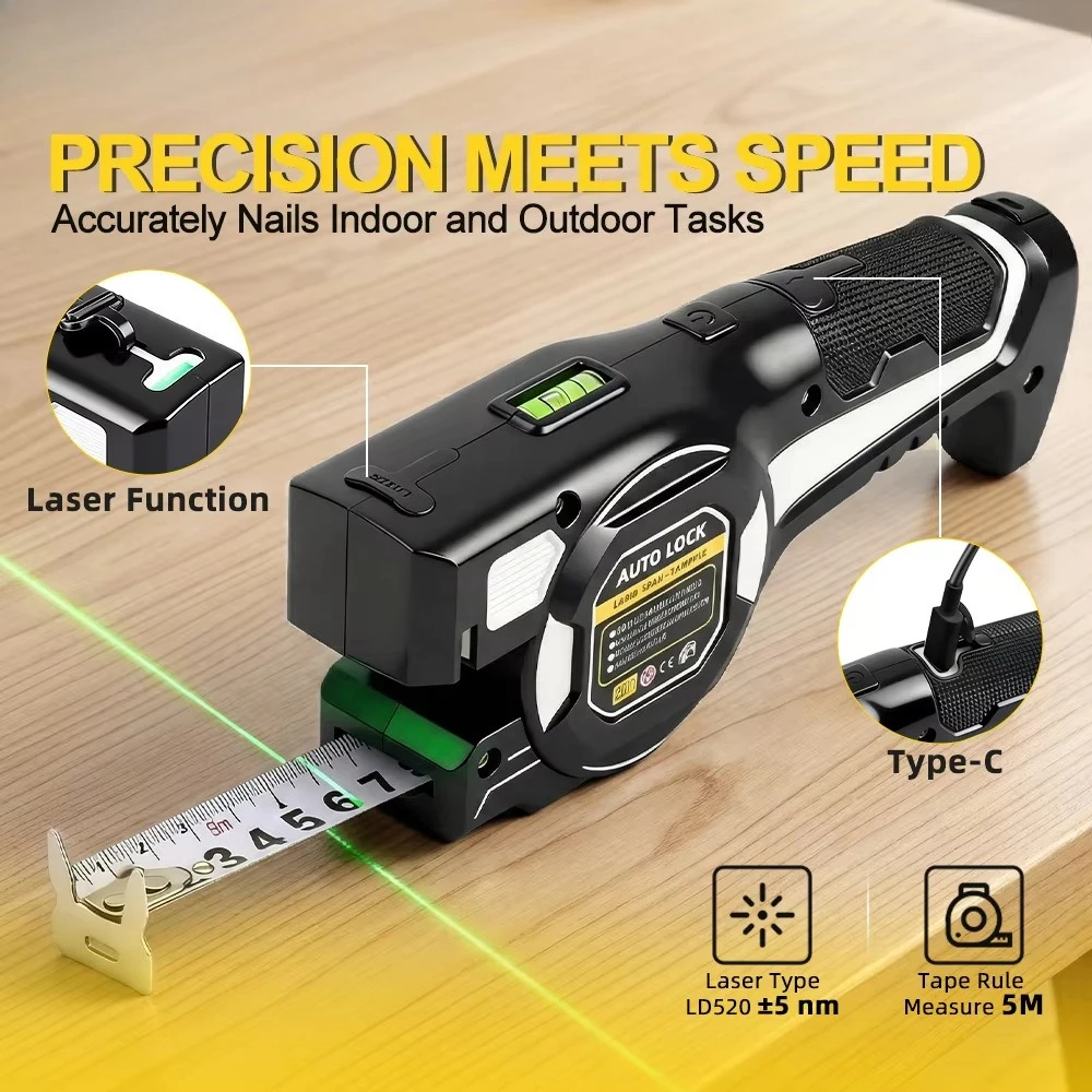 2-in-1 Laser Tape Measure 5M Steel Tape Green Laser Rangefinder Cross Line Type-C Rechargeable Measuring Tool Auto Lock