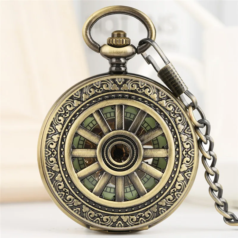 Mens Vintage Bronze Manual Mechanical Pocket Watch with Pocket Chain Pendant Clock Luminous Dial Half Hunter Timepiece Gift