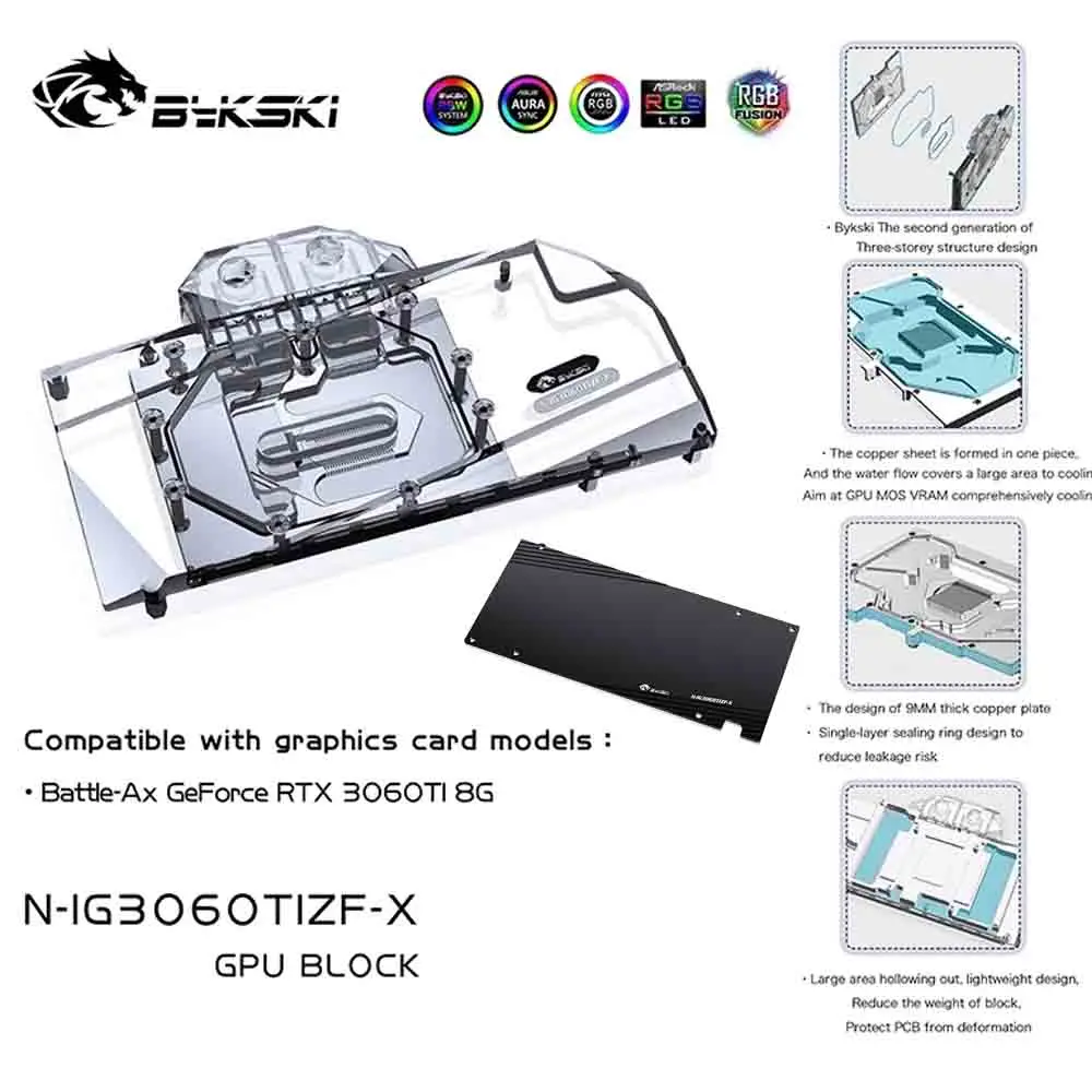 Bykski Water Cooling Block Use for Colorful Battle-Ax GeForce RTX3060Ti 8G GPU Card/ Full Cover Copper Radiator/ RGB Light