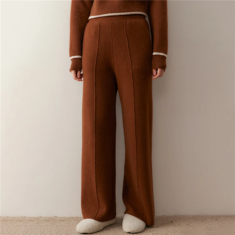 Casual Women's Straight-leg Wide-leg Pants Soft Elastic Waist 100% Cashmere Knitted Fashion Pocket High Quality Warm Bottoms