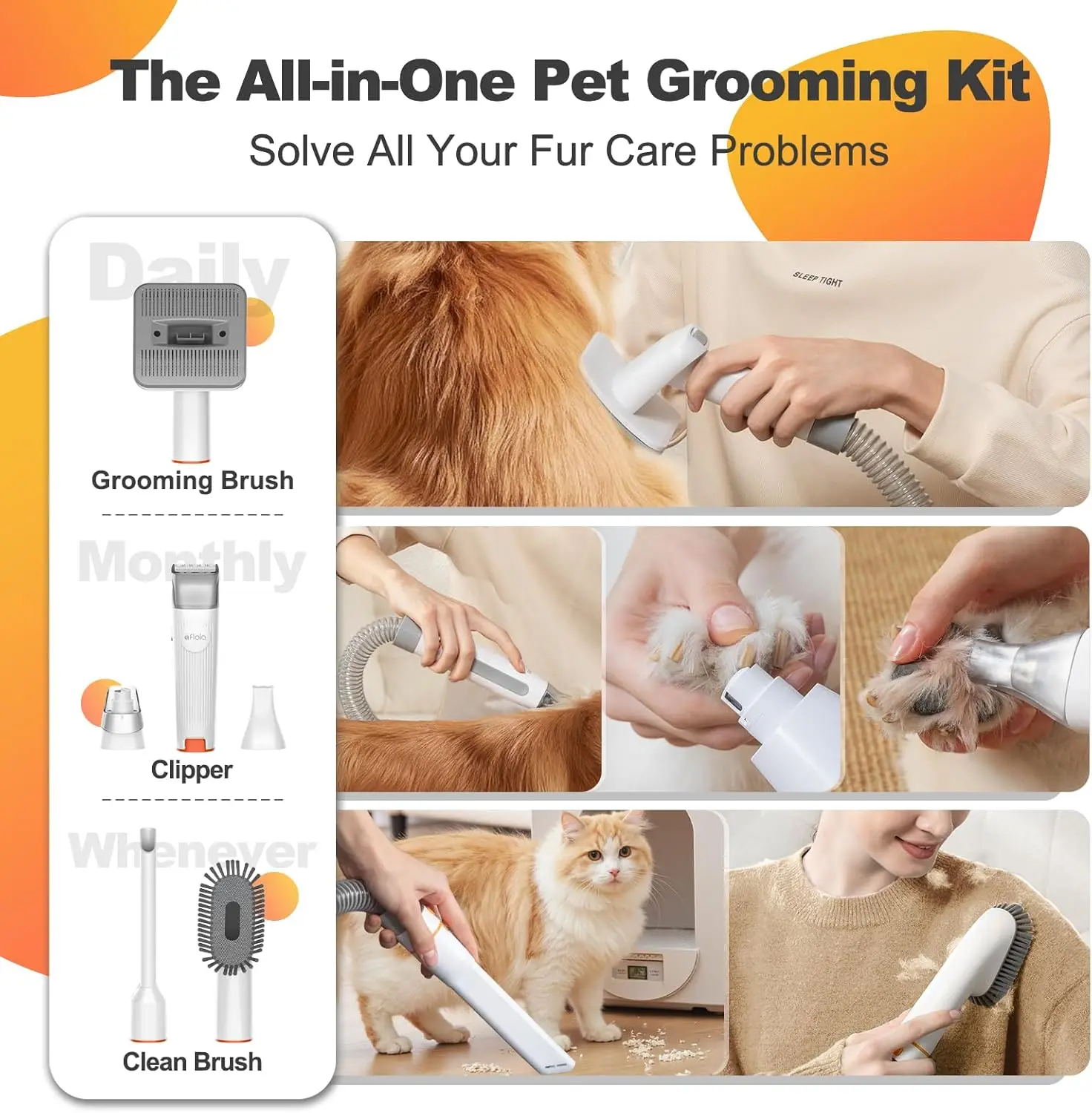 6-in-1 Dog Grooming Kit, Pet Vacuum for Shedding, Low Noise Hair Remover, 1.5L Dust Cup, White