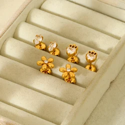 Dainty Women Earrings Jewelry Hypoallergenic 18K Gold Plated Stainless Steel Cubic Zirconia Flower Crown Eye Stud Earrings Set