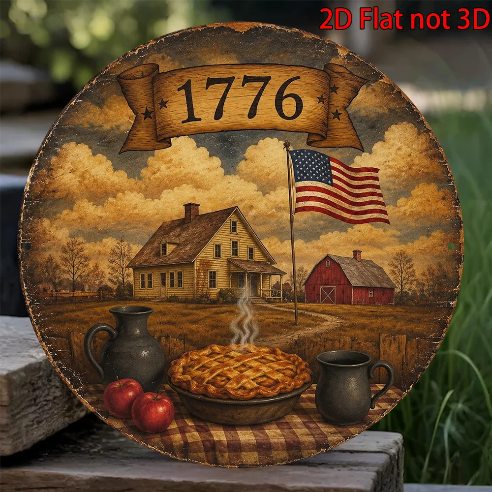 2D Flat - 1pc 20.32 X 20.32 cm 2D Flat Circular Aluminum Sign, Vintage Aluminum Plaque of 1776 American Independence Day, US Fla