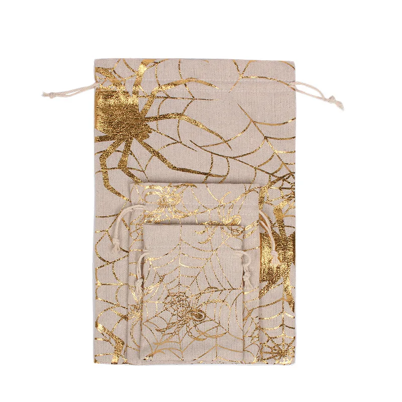 100Pcs/lot Halloween Cotton Drawstring Children's Gift Bags Gold-stamped Spider Web Cat Witch Pouches Candy Packaging Bag