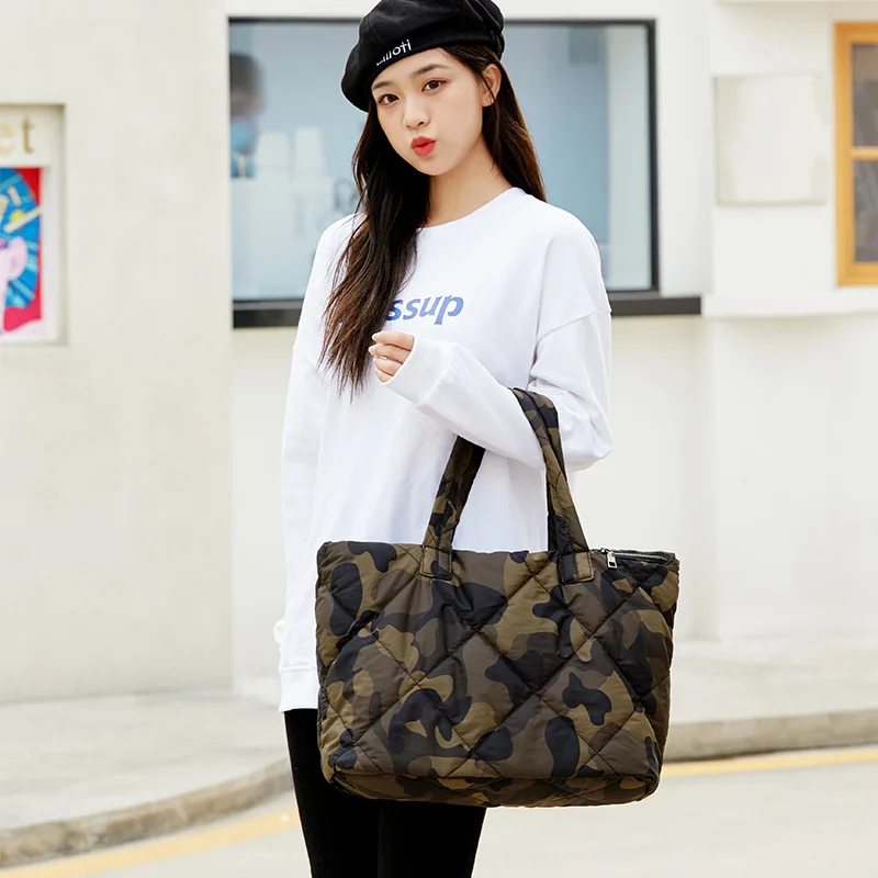 3 Bags/set Quilted Women Shoulder Bag Large Camouflage Padded Tote Canvas Crossbody Bags for Women 2023 Soft Shopper Purses New