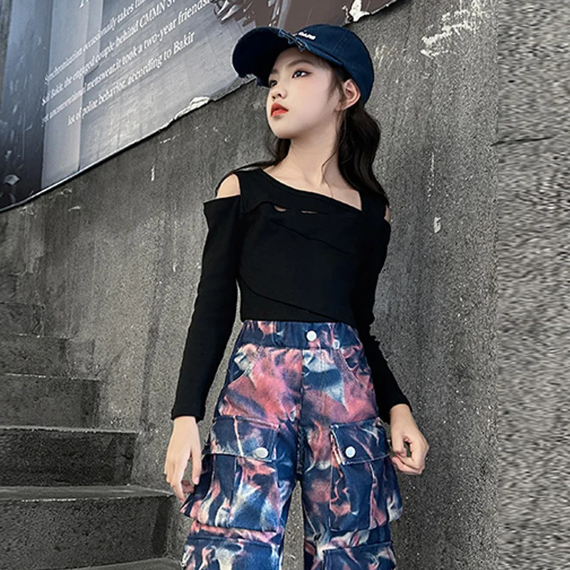 Junior Girls Casual tie-dyed Hip Hop cargo pants teen kids Dance Wide leg pants children clothes Multiple pockets trousers 10 14