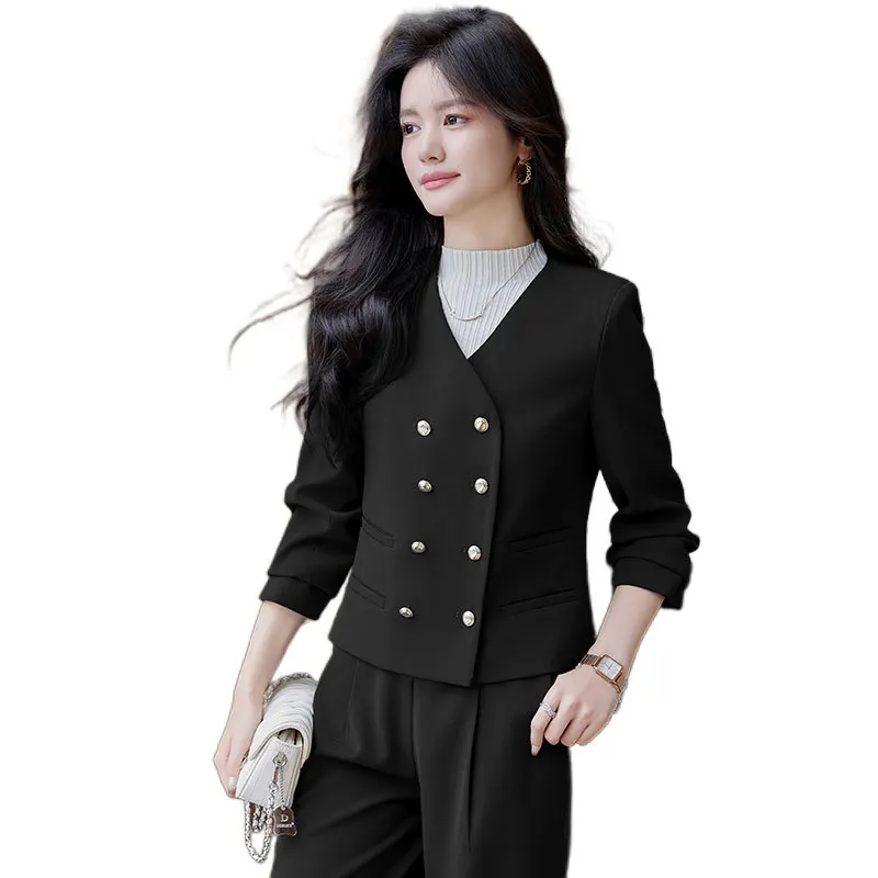 Fashion Office Ladies Formal Pant Suit Set Spring Gray Black Beige Female Business Work Wear 2 Piece V Neck Blazer And Trouser