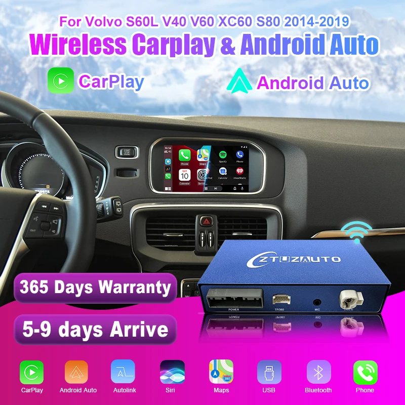 CarPlay sans fil Android Auto Smart Box, interface Mirror Link, fonction AirPlay, Volvo S60L, V40, V60, XC60, S80, 2014-2019