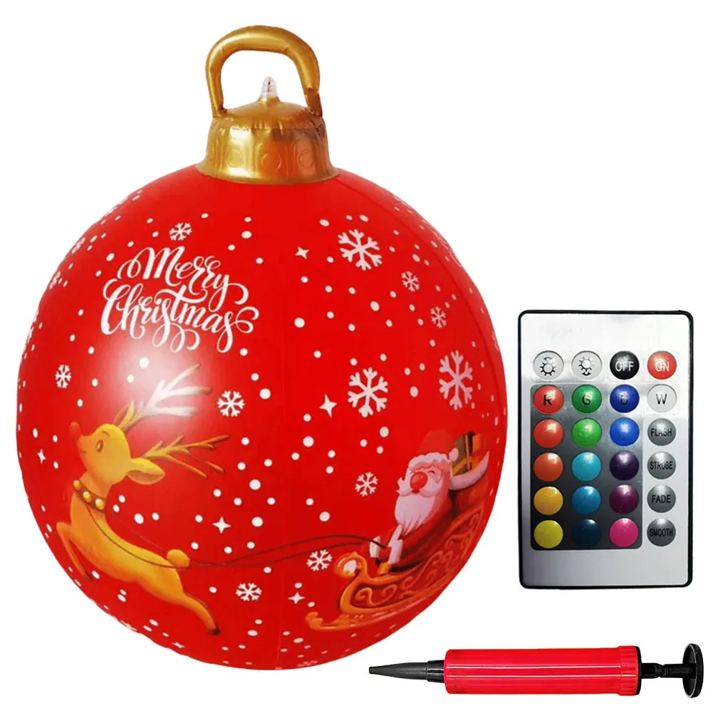 24 Inch Light Up PVC Inflatable Christmas Ball New Years Christmas Ornaments with Light and Remote Holiday Yard Lawn Porch Decor