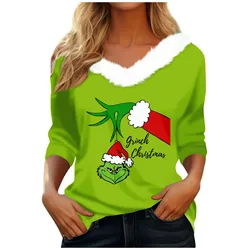 Women'S T Shirt Tee Christmas Shirt Long Sleeve Party Christmas Fleece Collar V Neck  Top Roupas Femininas Tops Plus Size Plus