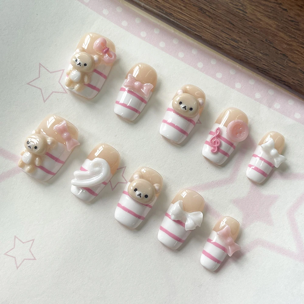 Cartoon 3D Bärenschwester mit Flügeln Press-On-Nägel Nude Farbe Rosa Weiße Streifen DIY Handgemachte Maniküre Party Nagelsticker – Detail 7