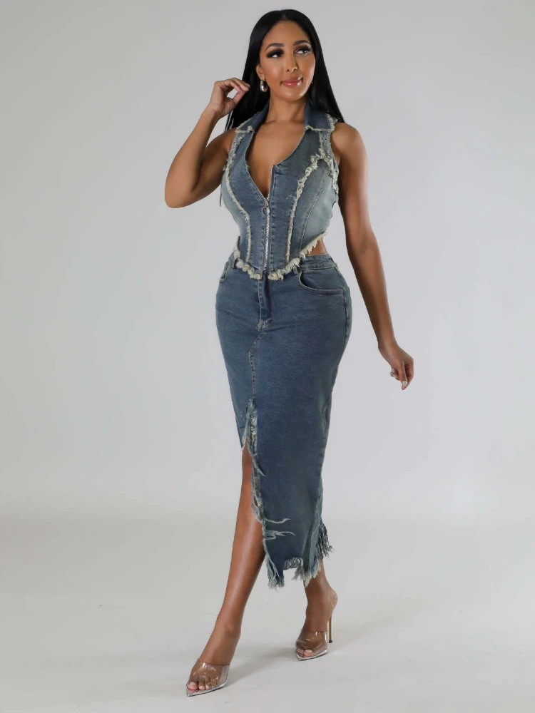 

Leosoxs Women Denim Sets Bodycon Sleeveless Vest Top and Long Skirts Suits 2024 Summer Jeans Streetwear Two 2 Piece Sets Outfits