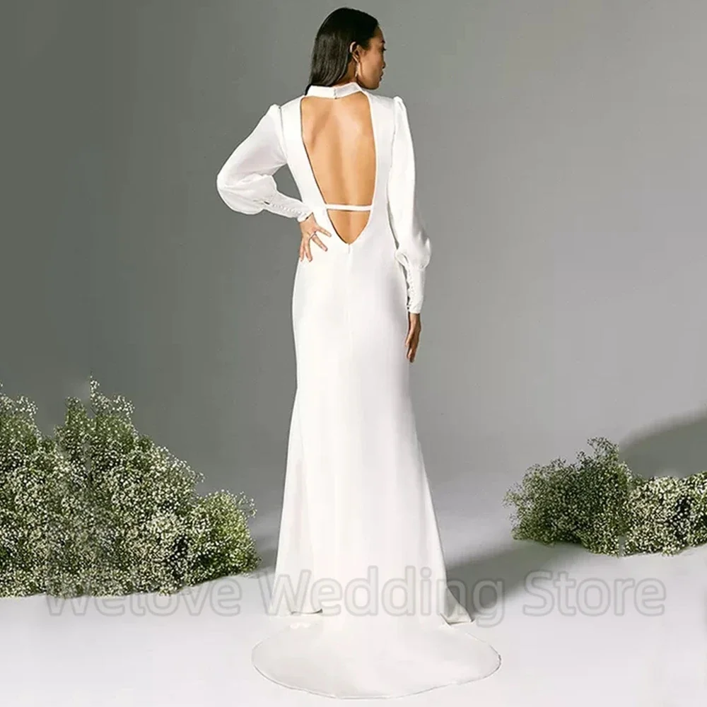 Simple High Neck Long Sleeve Mermaid Wedding Dress Sexy Open Back Floor Length Bridal Sheath with Sweep Train Zipper Gowns