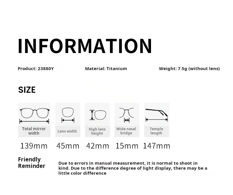 Yimaruili 23880Y Eyeglasses — Frame Dimensions & Sizing Chart