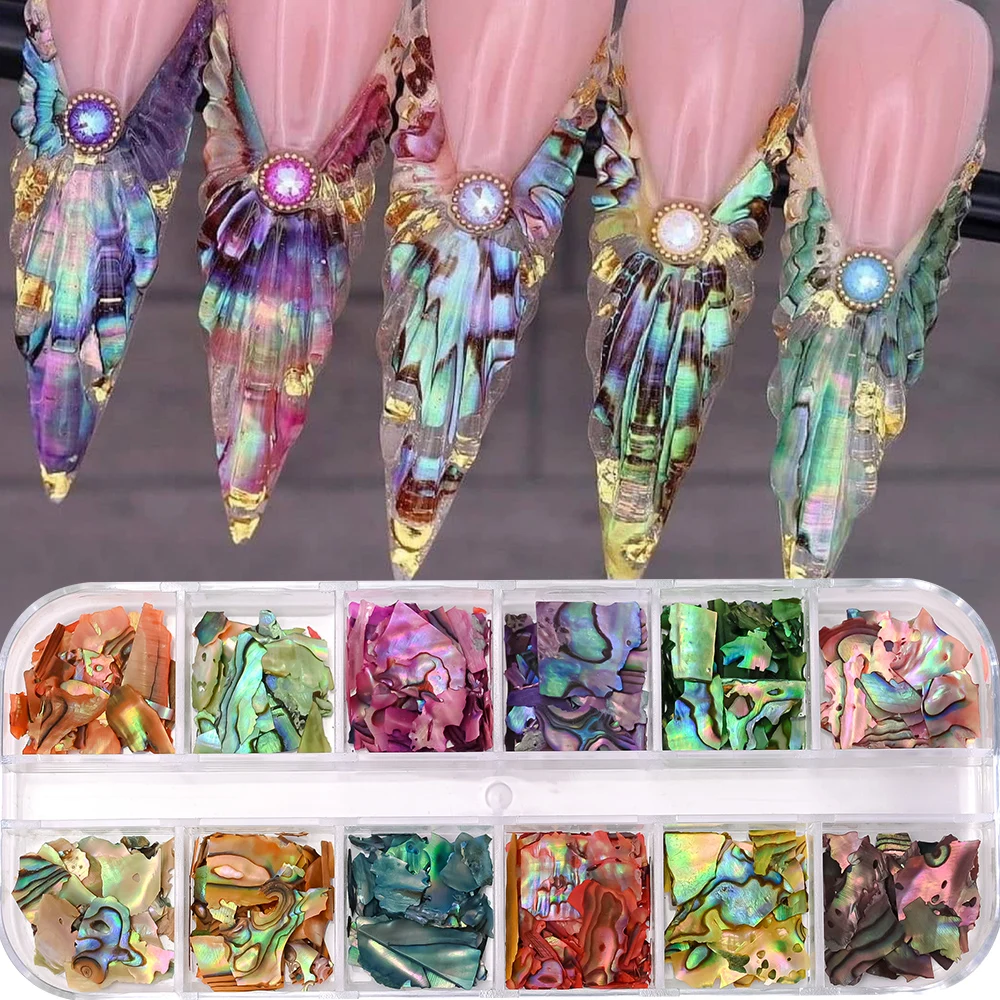 12 siatek kolorowe nieregularne naturalne muszle tekstury cienka Abalone kawałek paleta Nail Art cekiny Manicure naklejki dekoracja końcówki
