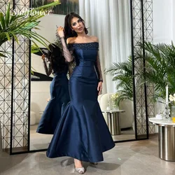 Sunflower Off the Shoulder Prom Gowns Tulle Long Sleeve Mermaid Evening Dress Simple Slim Party Dress 2023 Satin High-end Custom