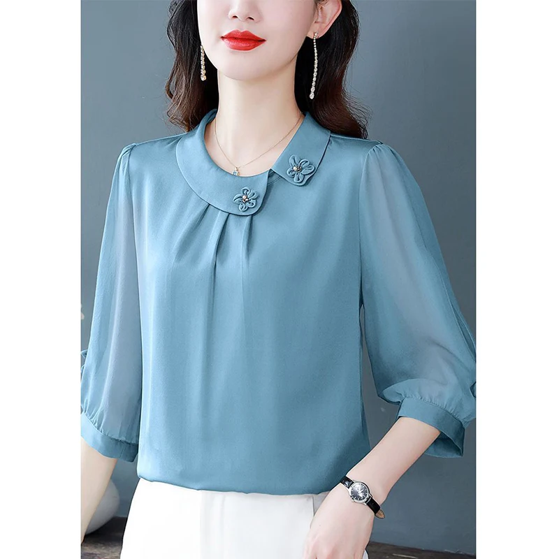 Summer New Solid Color Doll Collar Patchwork Blouse Ladies Elegant Fashion 3/4 Sleeve All-match Vintage Top Women Chiffon Shirt