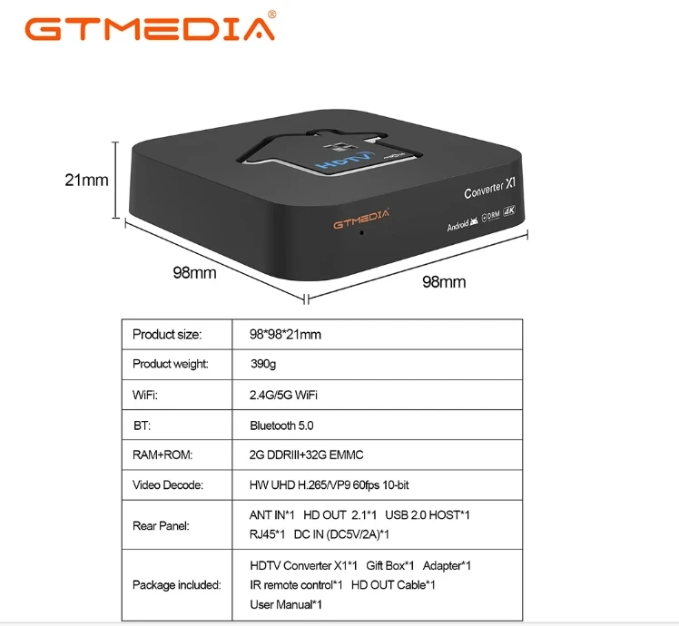 أصلي] محول GTMEDIA HDTV جديد لعام 2025 X1 ATSC3.0 4K HD TV BOX ATSC جهاز فك ترميز ذكي مدمج واي فاي BT 5.0 حار في الولايات المتحدة الأمريكية وكندا المكسيك