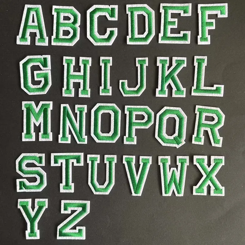 A~Z  Green Alphabet English Letters With White Edge Embroidery Applique Iron On Patches,Thermoadhesive Fabric Clothing Stickers