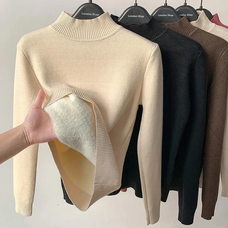 Ditambah Sweter Beludru Wanita 2023 Musim Dingin Rajutan Tebal Pullover Korea Turtleneck Ramping Baru Kasual Bulu Berlapis Atasan Rajut Hangat