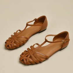 Baotou Sandals Women's Summer New Color Matching Pointy T-buckle Square with Breathable Roman Shoes